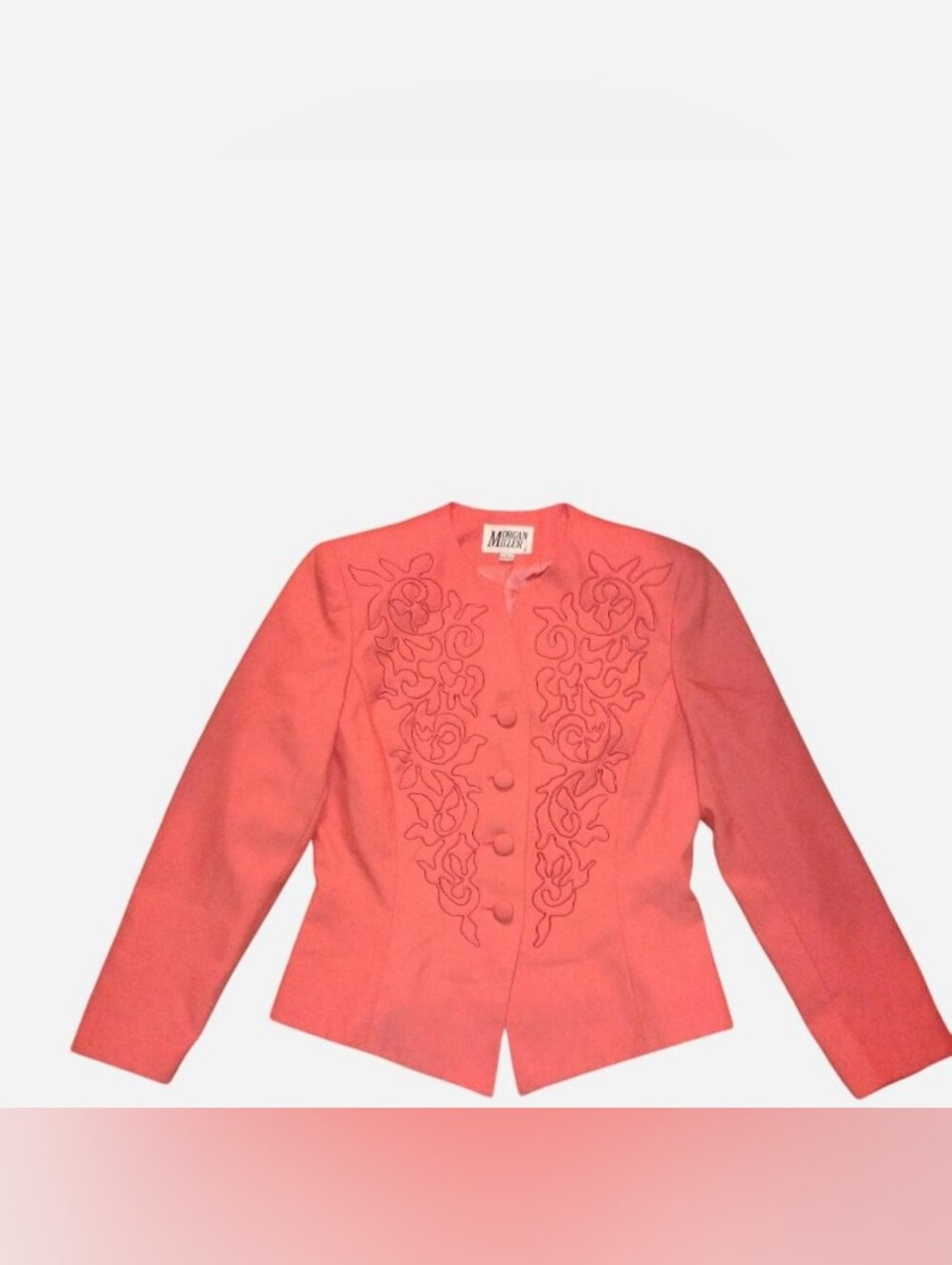 Vintage Morgan Miller Coral Pink Embroidered Collarless Blazer Jacket - Size 8